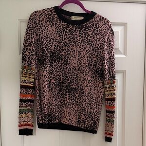 Anthropologie Pink Animal Print Sweater with Colorful Sleeves